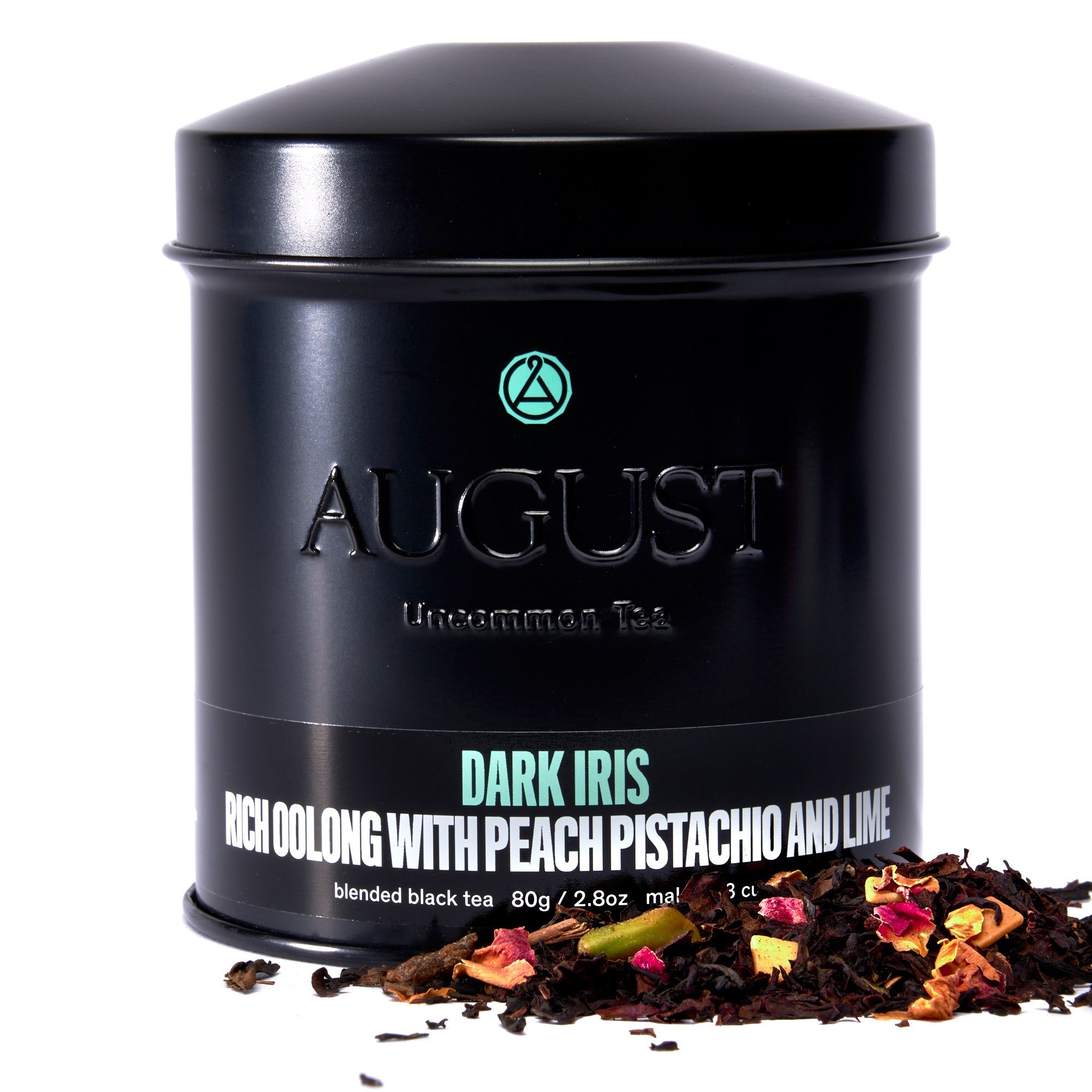 Dark Iris Peach Pistachio Oolong Tea in a 23 oz tin by August Uncommon Tea, featuring fresh peach and pistachio flavors.
