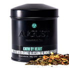 White tea in a 26-cup tin by August Uncommon Tea, flavored with orange blossom and almond, from the Know by Heart collection.