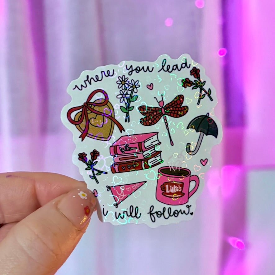 Gilmore Girls-inspired sticker featuring hearts and "Where You Lead" text, perfect for decorating laptops or notebooks.