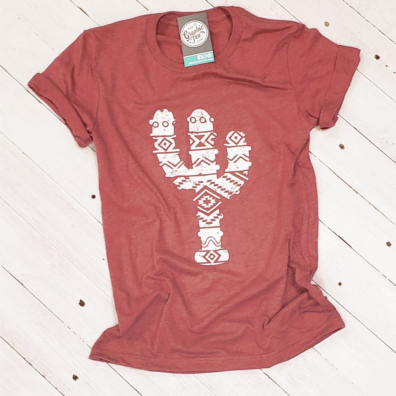 Unisex Aztec Cactus graphic SS sueded tee from The Graphic Tee, featuring a vibrant cactus design on soft fabric.