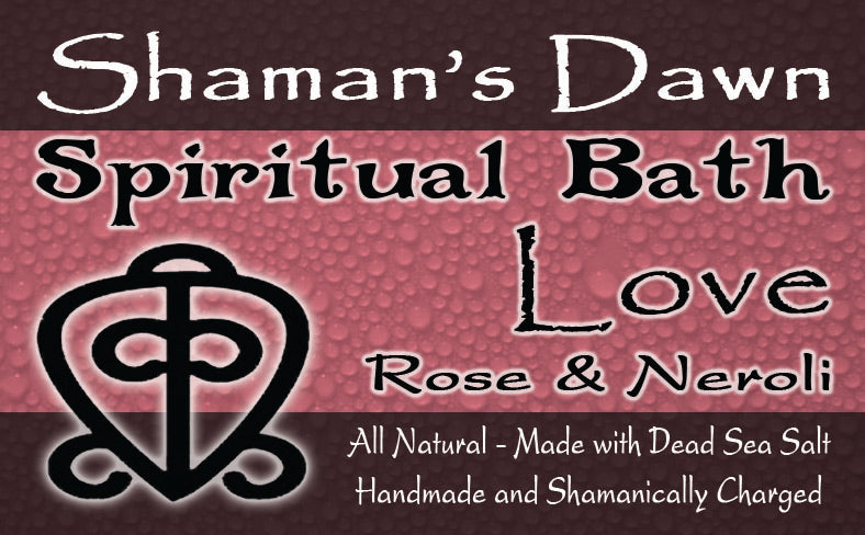 Shamans Dawn Love Spiritual Bath with Dead Sea Salt in a glass bowl, showcasing pink and white bath salts with rose petals.