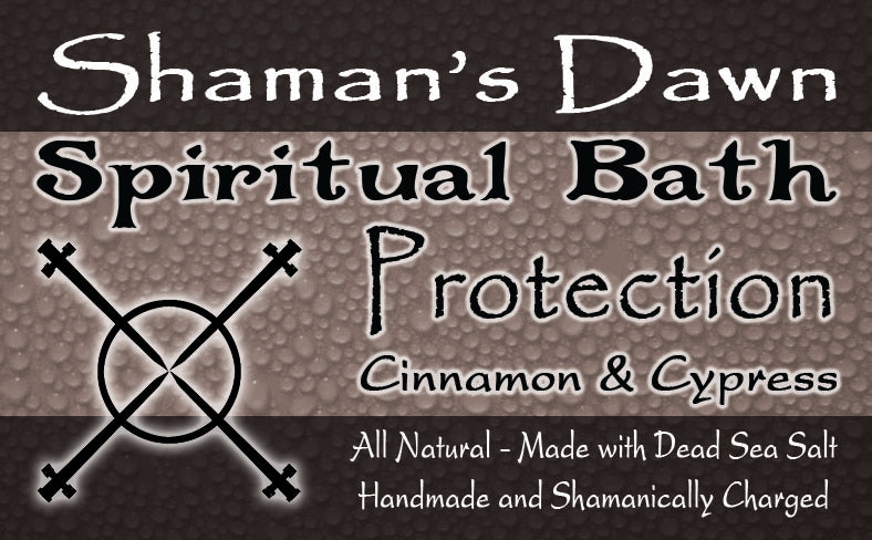 Shamans Dawn Dead Sea Salt spiritual bath protection product with a jar of mineral-rich bath salts on a wooden surface.