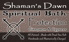 Shamans Dawn Dead Sea Salt spiritual bath protection product with a jar of mineral-rich bath salts on a wooden surface.