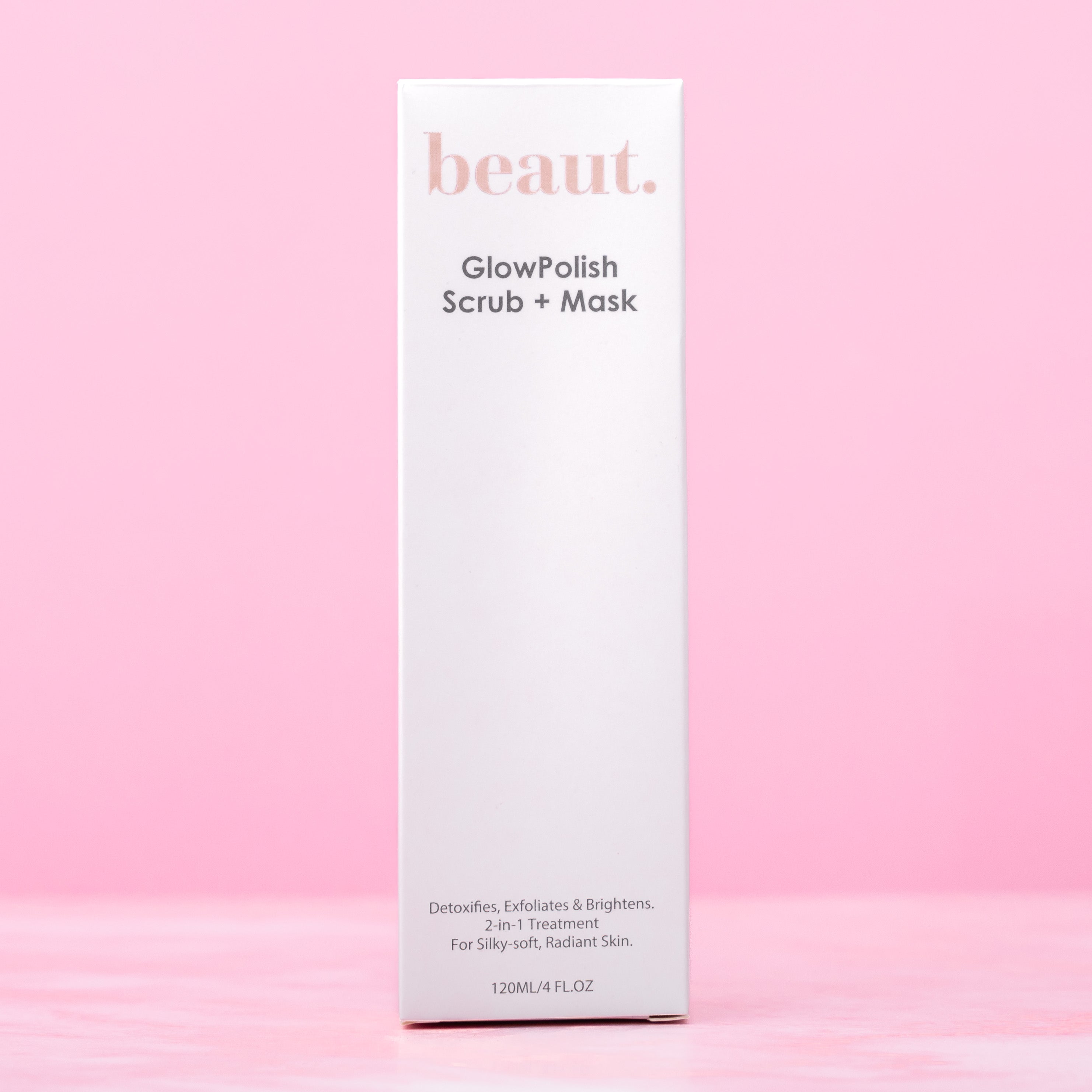 Beaut.beautyco. GlowPolish Scrub and Mask jar with a white lid and pink label, showcasing the skincare product on a clean background.
