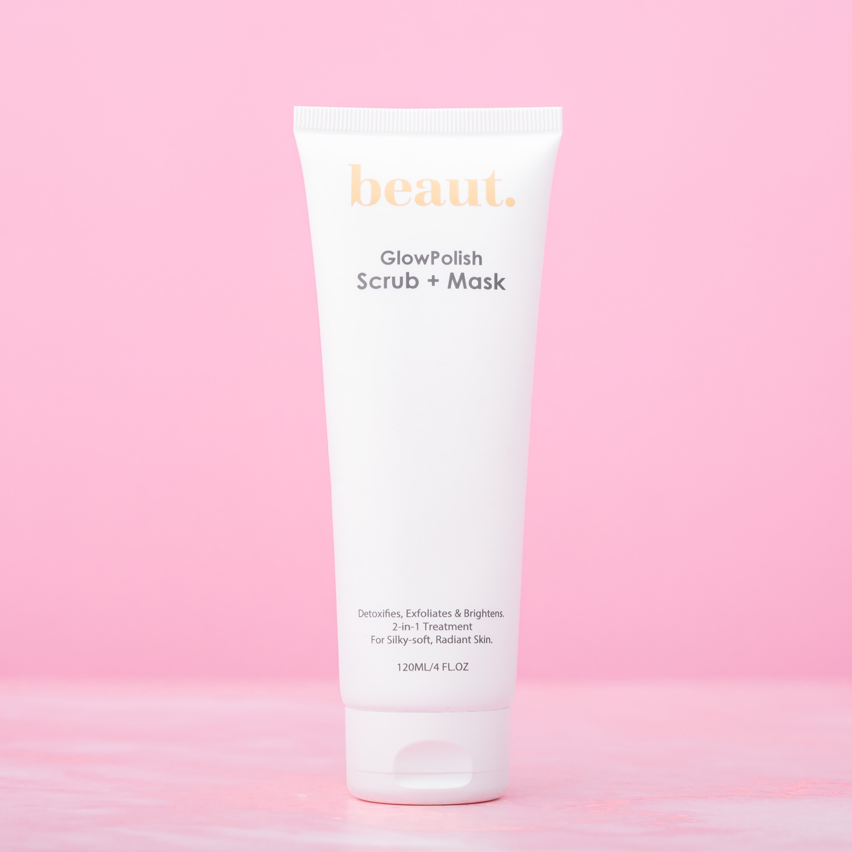 Beaut.beautyco. GlowPolish Scrub and Mask jar with a sleek white and gold design, showcasing a luxurious skincare product.