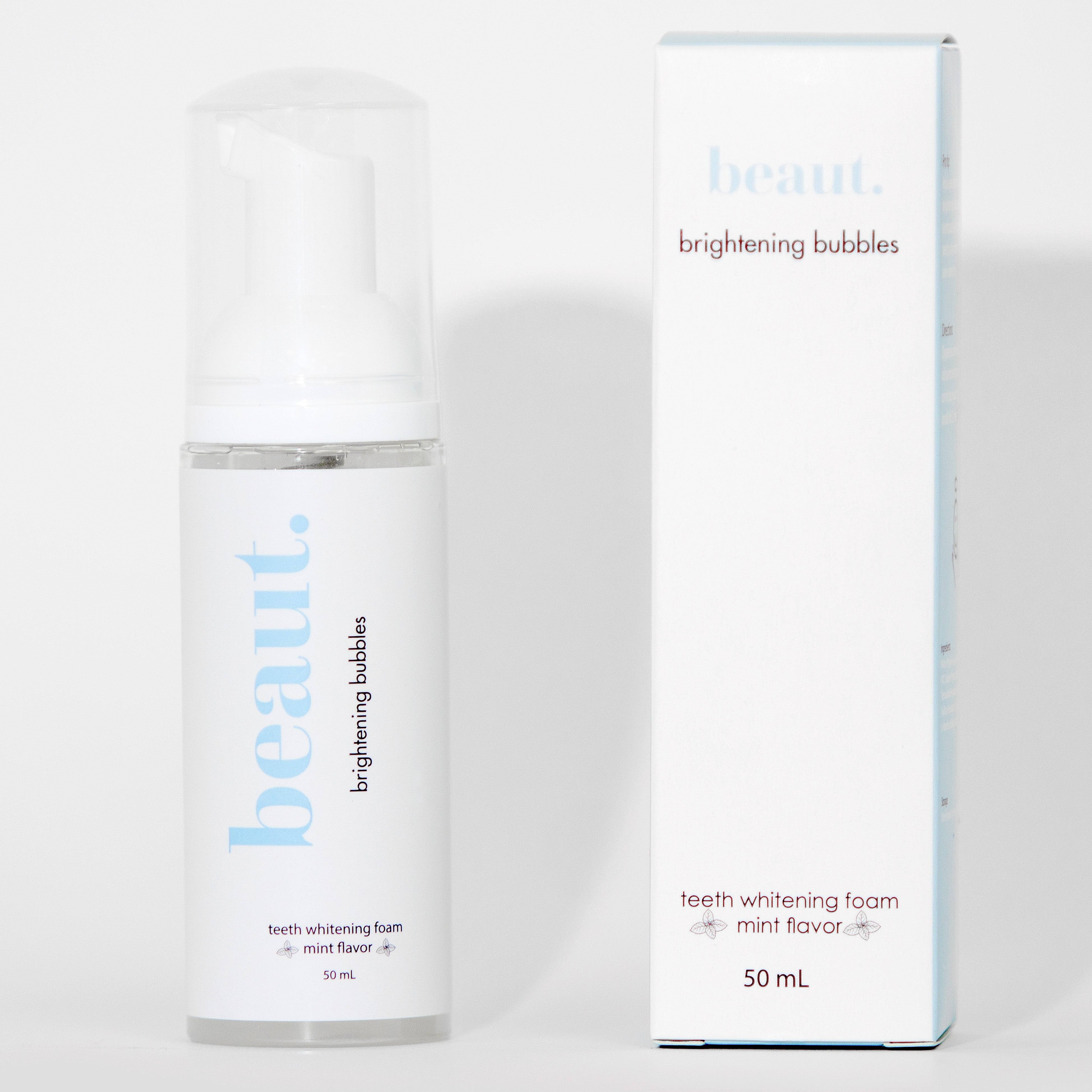 Brightening mint bubbles from beaut.beautyco. with foamy, mint-colored bubbles in a clear container, showcasing skincare product details.
