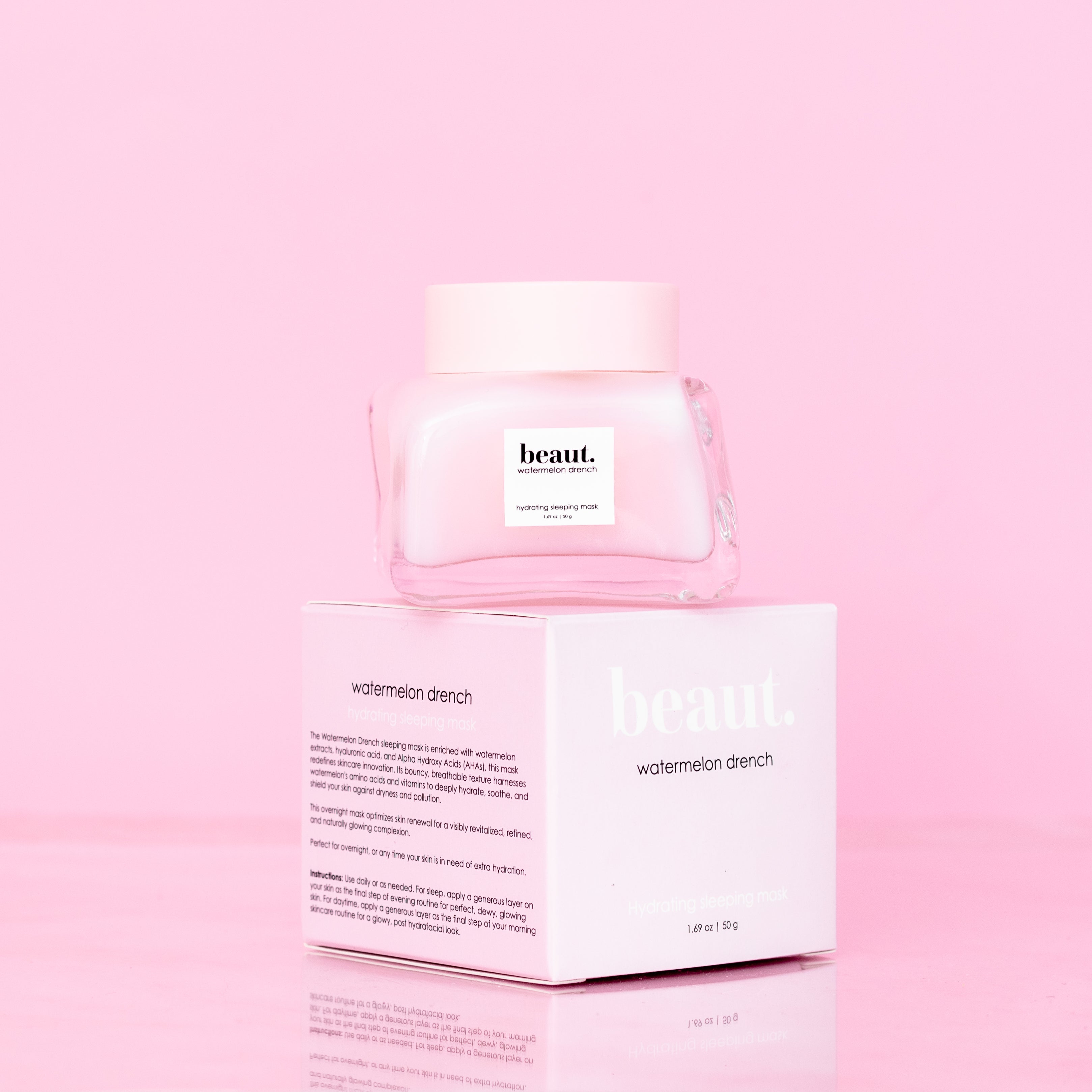 Beauty.co Watermelon Drench skincare product bottle with a pink and green label, featuring fresh watermelon imagery.