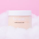 Lavender body scrub by beaut.beautyco featuring textured exfoliating particles and a lavender scent in a clear jar.
