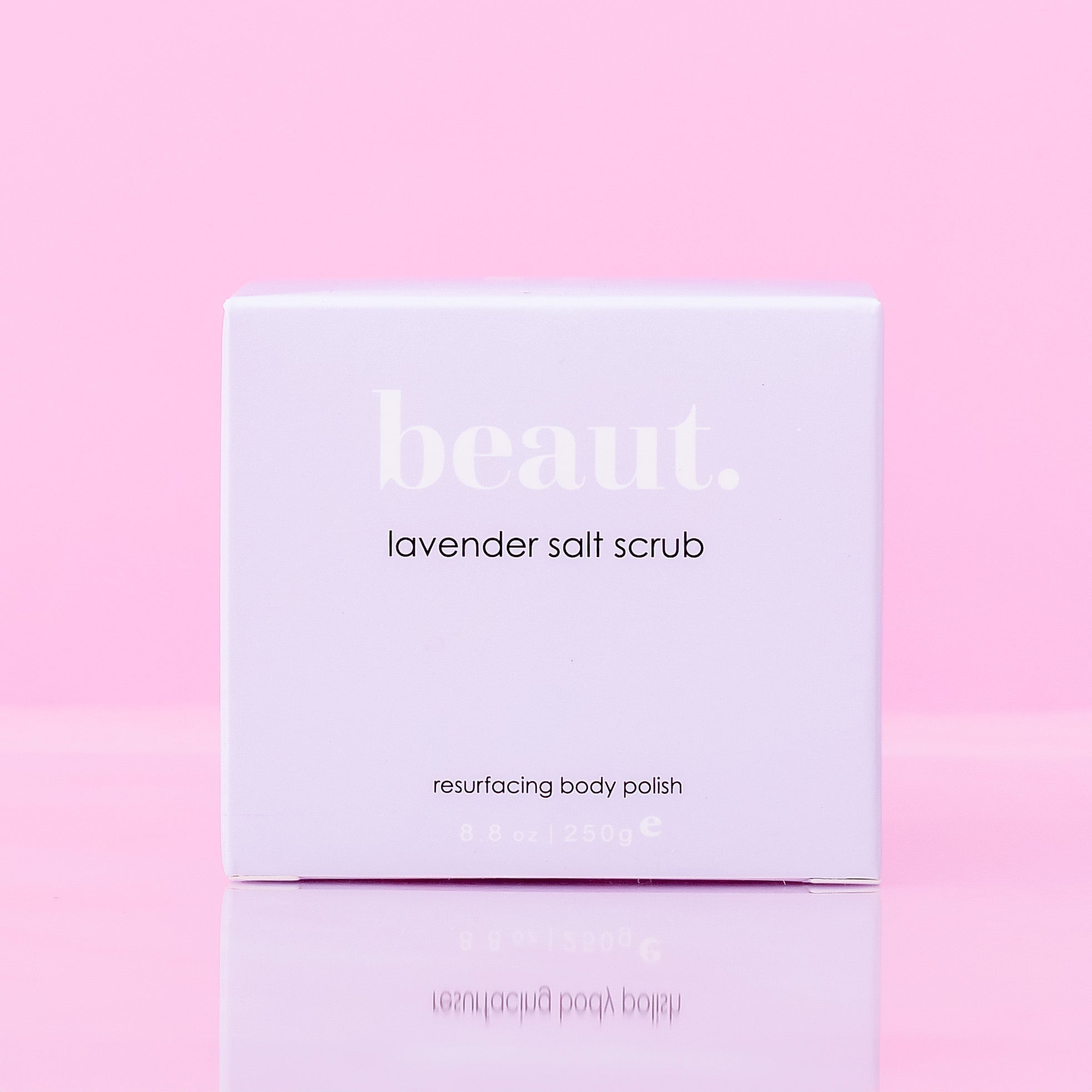 Lavender body scrub by beaut.beautyco with textured lavender-infused exfoliating particles in a clear jar.