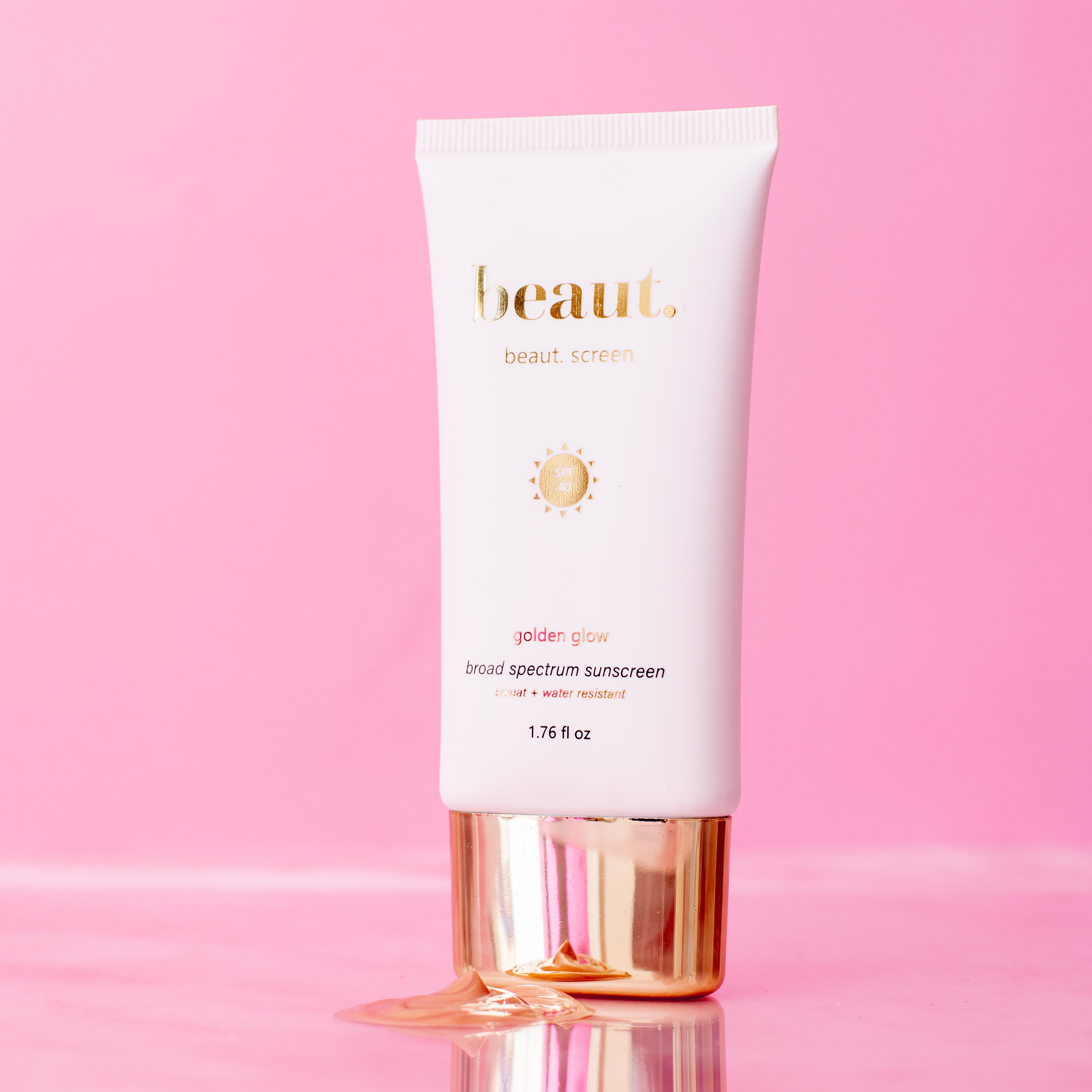 Beaut.beautyco. Golden Glow beaut.screen displaying a radiant skincare product with gold accents and elegant packaging.