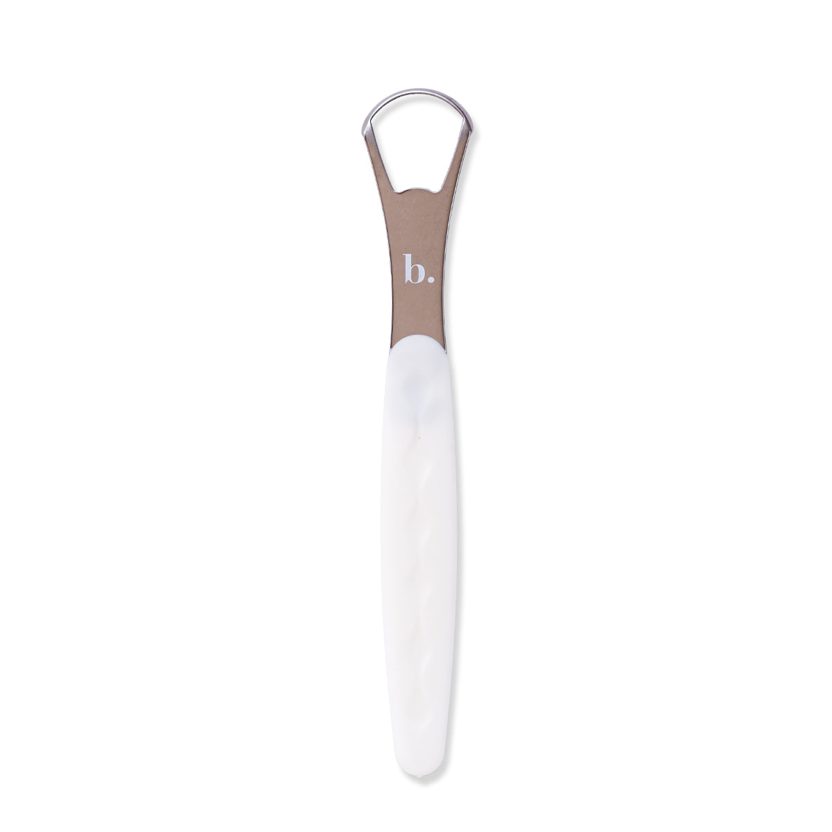 Pink tongue scraper by beaut.beautyco with a curved design for effective oral hygiene and freshening breath.