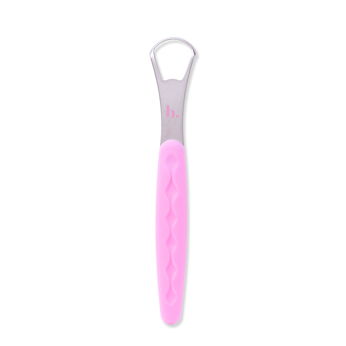Pink tongue scraper by beaut.beautyco., designed for oral hygiene, with a smooth, curved plastic surface for effective tongue cleaning.