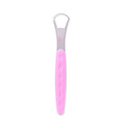 Pink tongue scraper by beaut.beautyco., designed for oral hygiene, with a smooth, curved plastic surface for effective tongue cleaning.