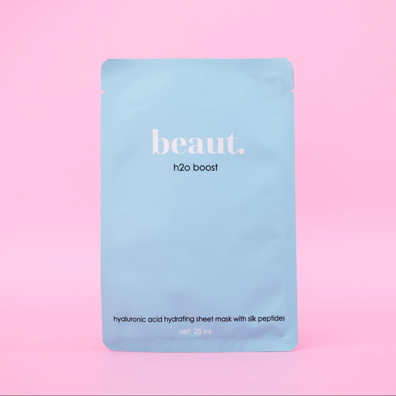 Single H2O Boost Sheet Mask by beaut.beautyco. with hydrating ingredients, shown spread open to reveal the mask fabric.