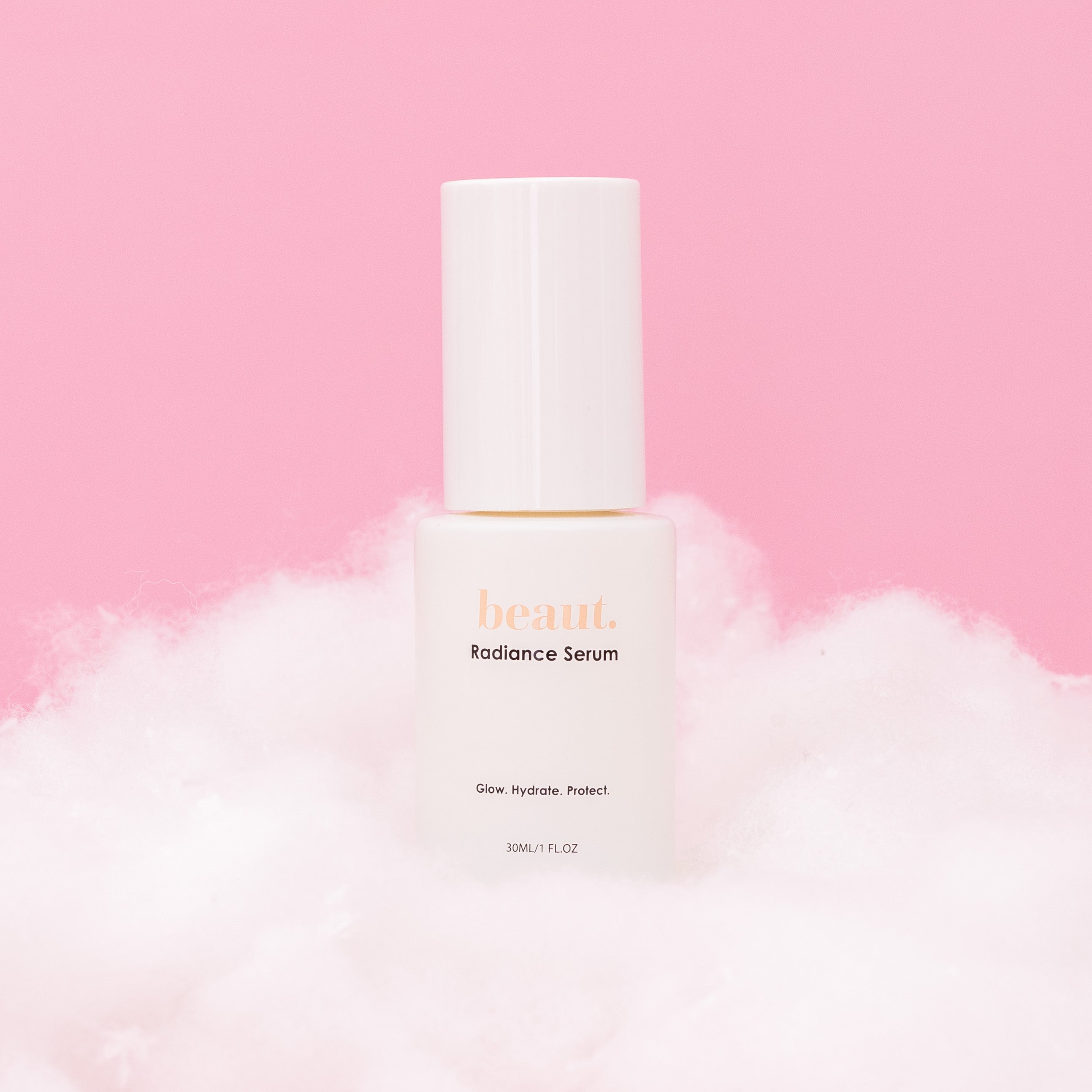 Beaut.beautyco. Radiance Serum bottle with glowing skin background, highlighting skincare for bright, radiant complexion.