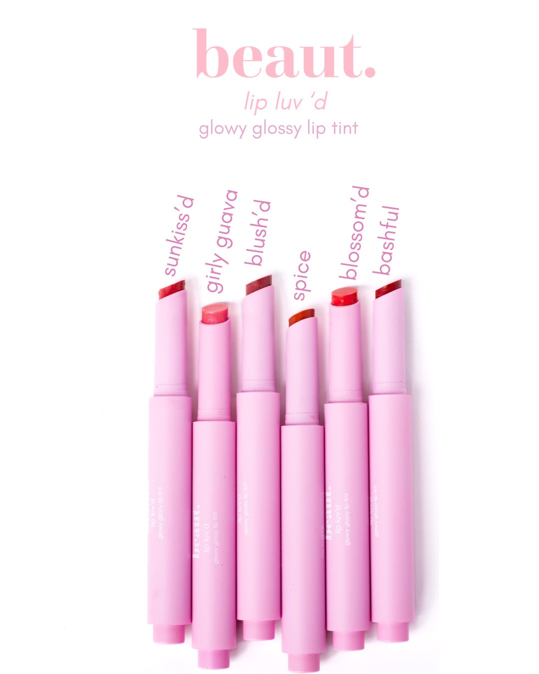 Beaut.beautyco Lip Luv’d in Sunkiss D, close-up of a vibrant, glossy lip product with the brand name visible on the packaging.