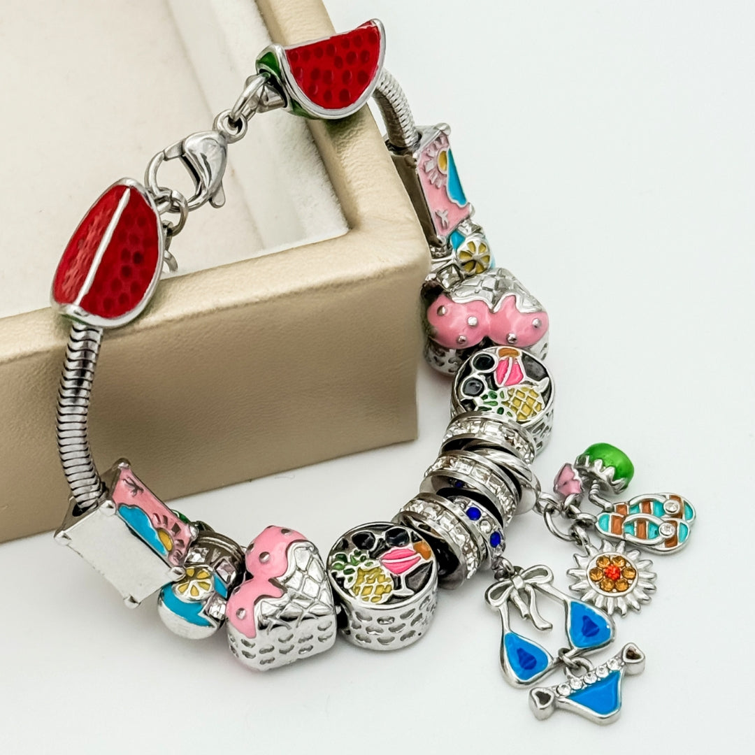Bella's Yard Flip Flops & Sunshine bracelet collection featuring colorful bracelets and flip flops on a sunny background.