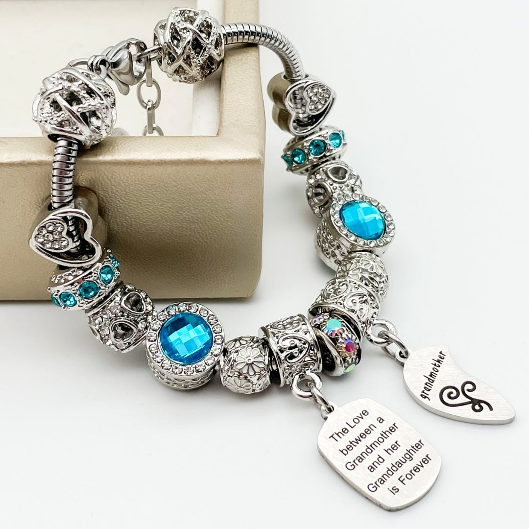 Bella's Yard grandmother and granddaughter unending love bracelets, intertwined silver design with heart charms, symbolizing family bonds.