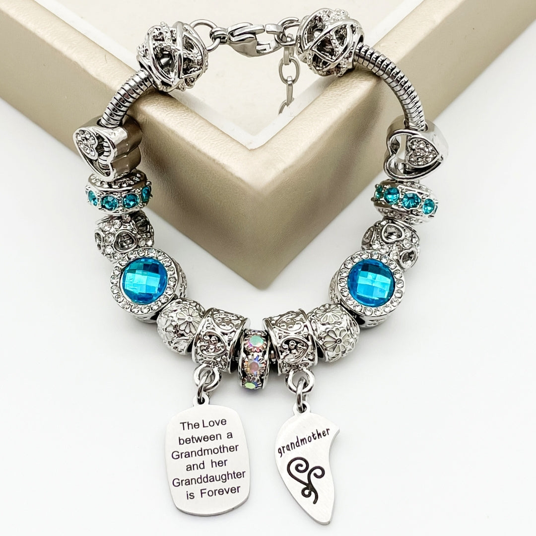 Bella's Yard grandmother and granddaughter unending love bracelets with intertwined heart charms, symbolizing eternal bond.