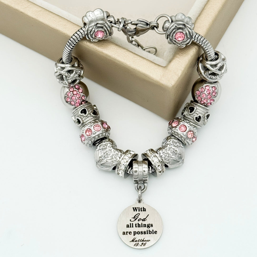Bella's Yard Matthew 19:26 bracelet featuring a silver band with engraved religious scripture, stylish and meaningful jewelry accessory.