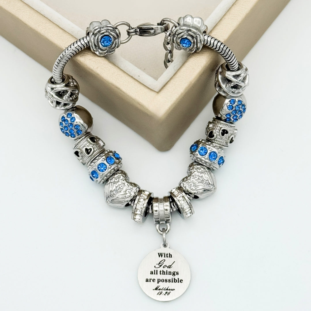 Bella's Yard Matthew 19:26 bracelet with engraved scripture, silver-tone bracelet with engraved religious message and elegant design