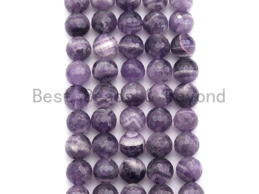 High-quality natural dog teeth amethyst beads in 6mm, 8mm, and 10mm round faceted shapes from Bestbeads&Beyond.