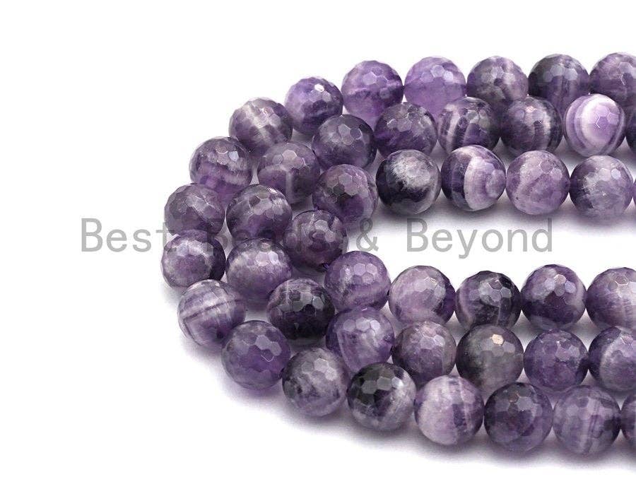 High-quality natural dog teeth amethyst round faceted beads in 6mm, 8mm, and 10mm sizes for jewelry making.