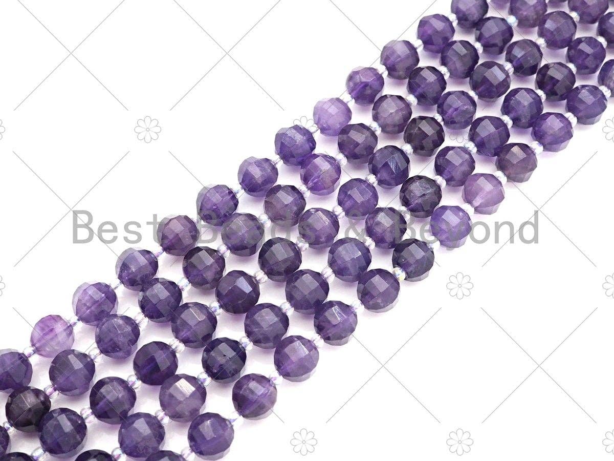 Natural high-quality round amethyst beads, 10mm, on a 15.5-inch full strand from Bestbeads&Beyond, featuring a cut-latern design.