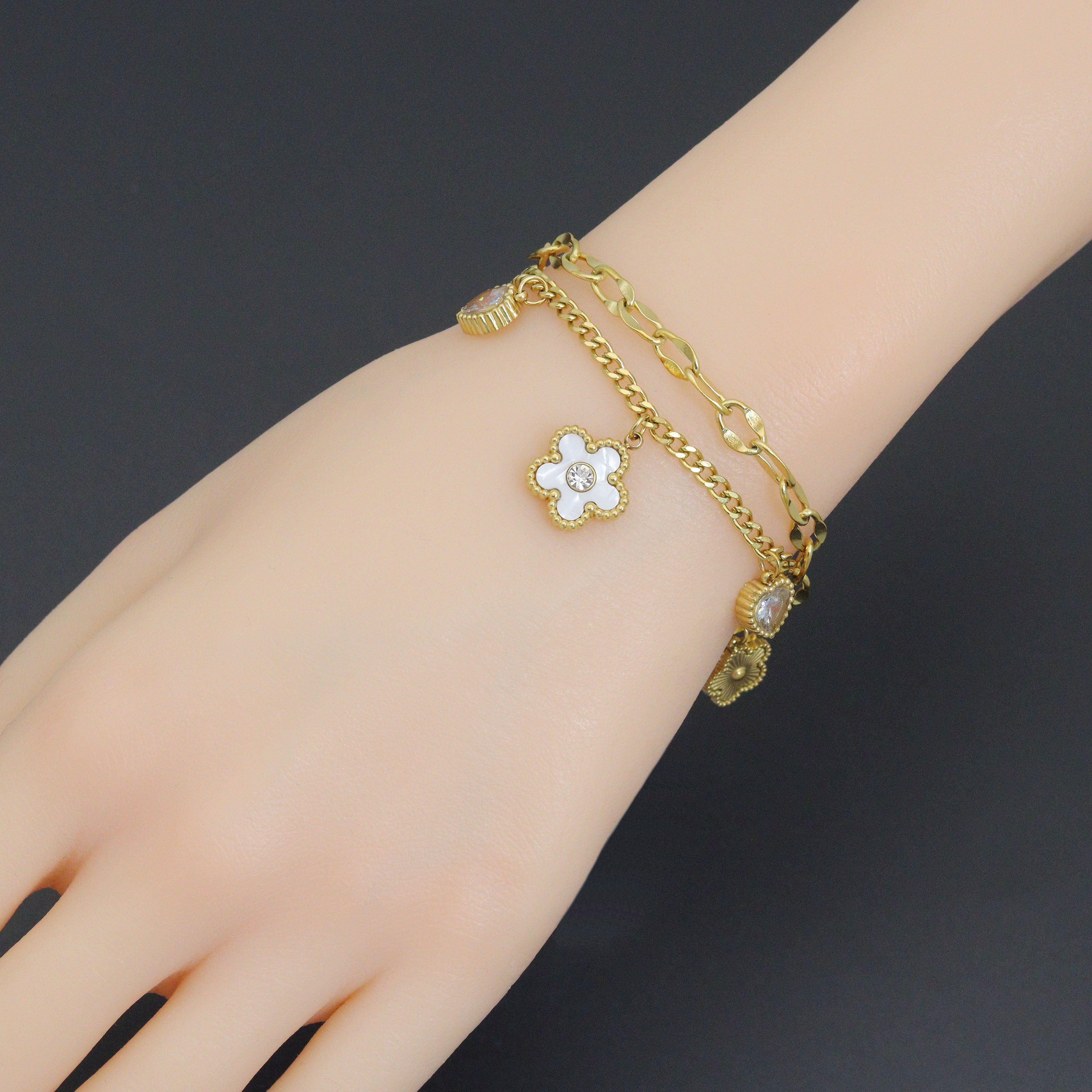 Gold Clover Heart Pendant bracelet with double link chain from Bestbeads&Beyond featuring a charming heart and clover design.