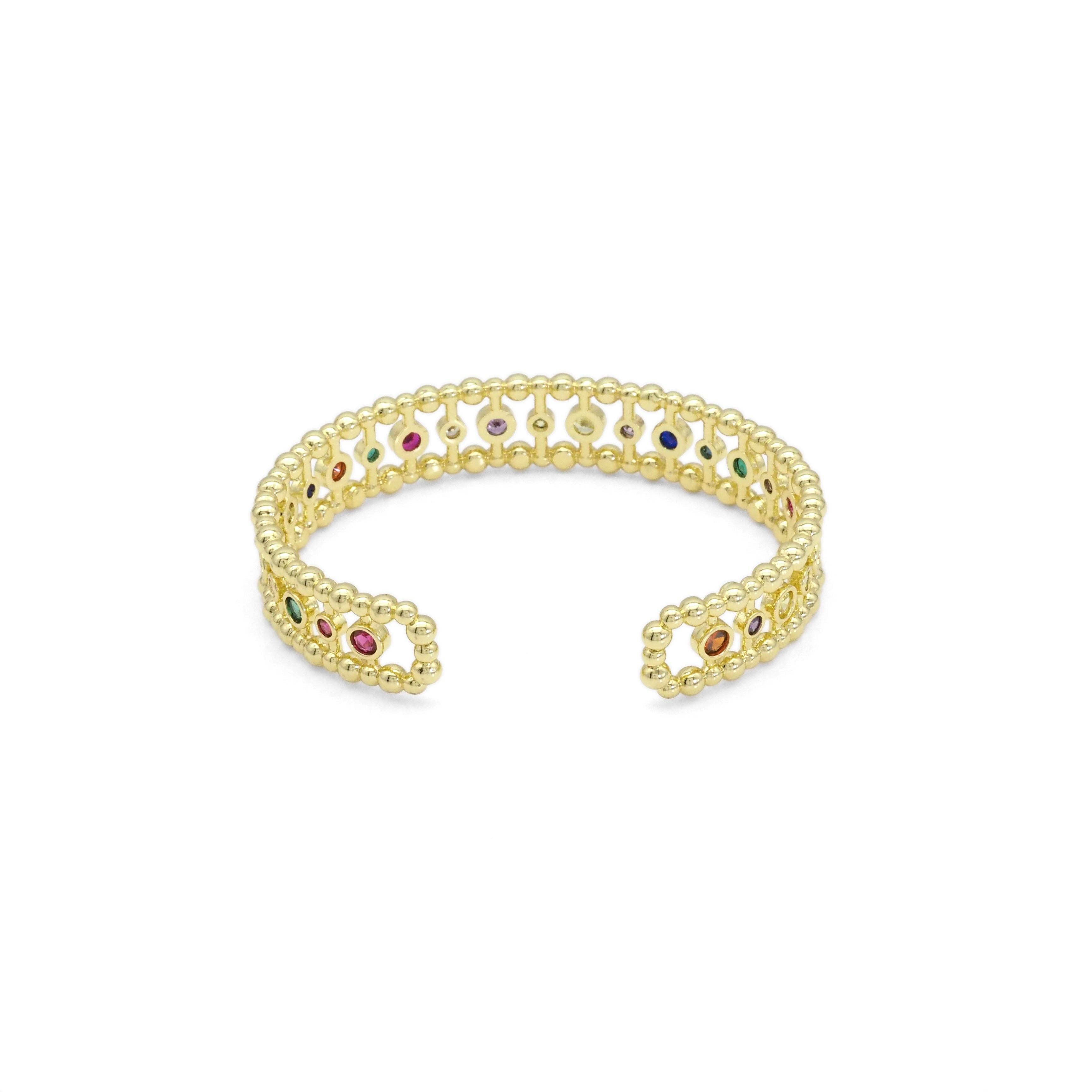Gold colorful round CZ bracelet by Bestbeads & Beyond, adjustable jewelry with vibrant stones and metal accents.