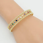 Gold colorful round CZ adjustable bracelet by Bestbeads&Beyond featuring vibrant stones and a secure sliding clasp.