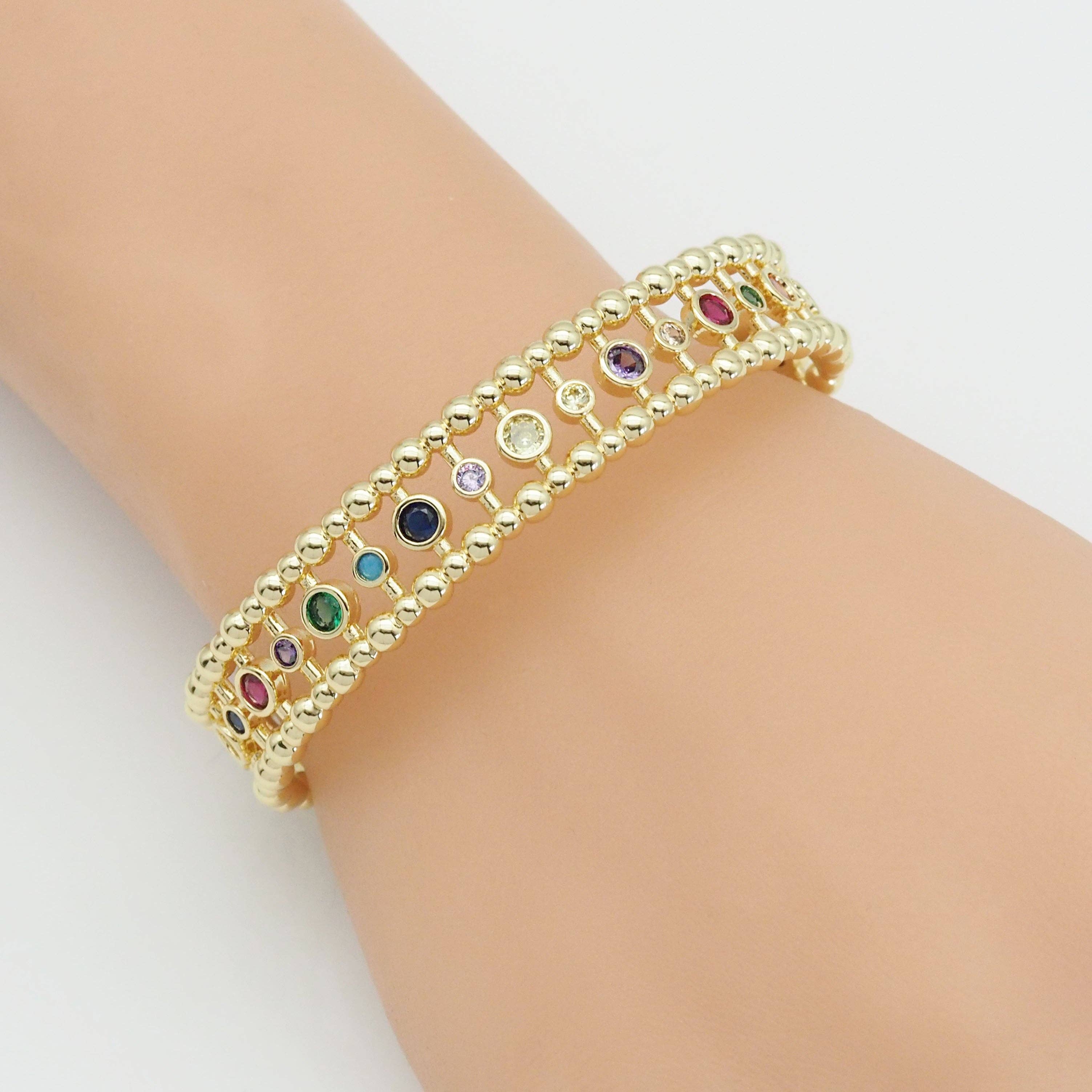 Gold colorful round CZ adjustable bracelet by Bestbeads&Beyond featuring vibrant stones and a secure sliding clasp.