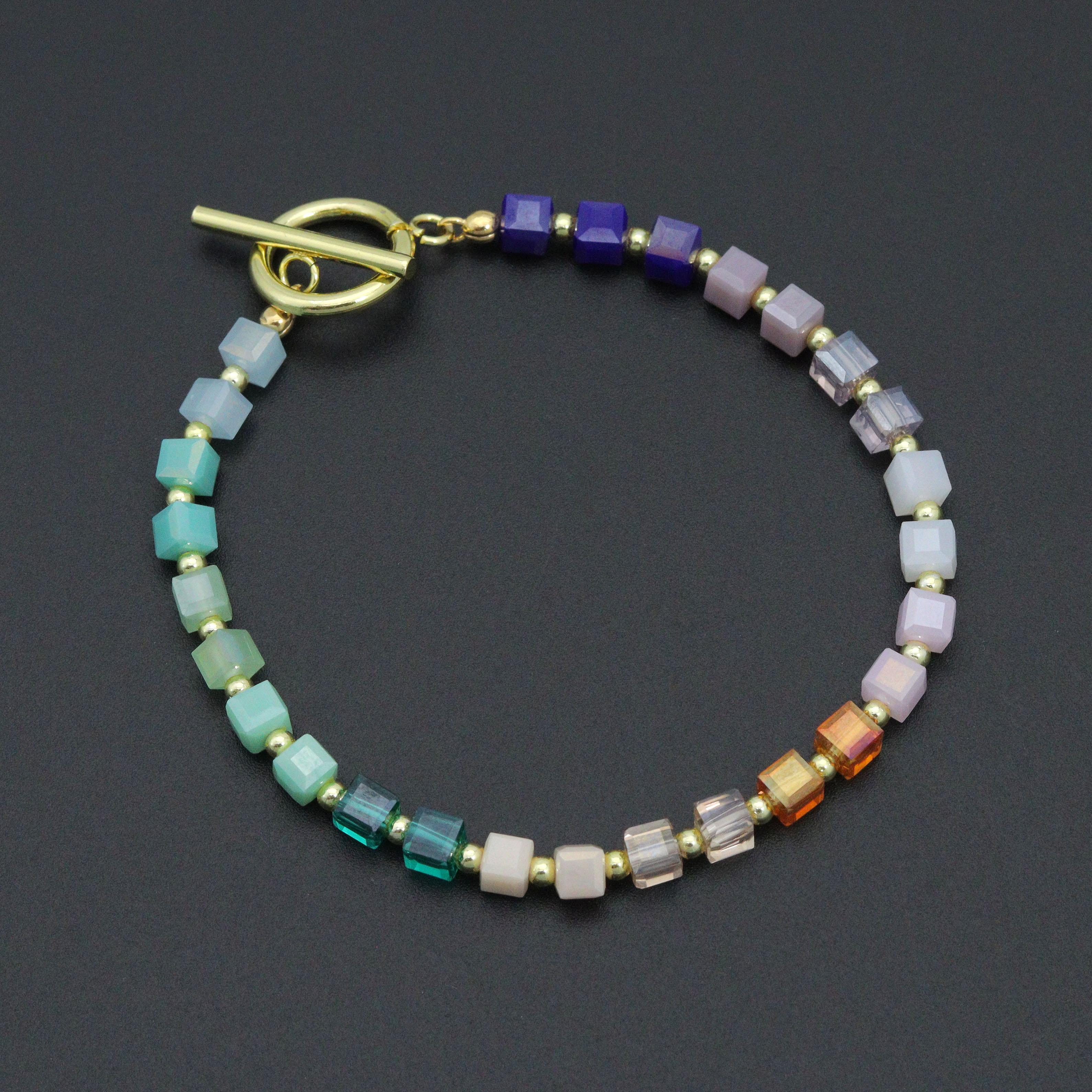 Rainbow color cube stone stretchy bracelet with toggle clasp by Bestbeads&Beyond, featuring vibrant multicolor cube beads.