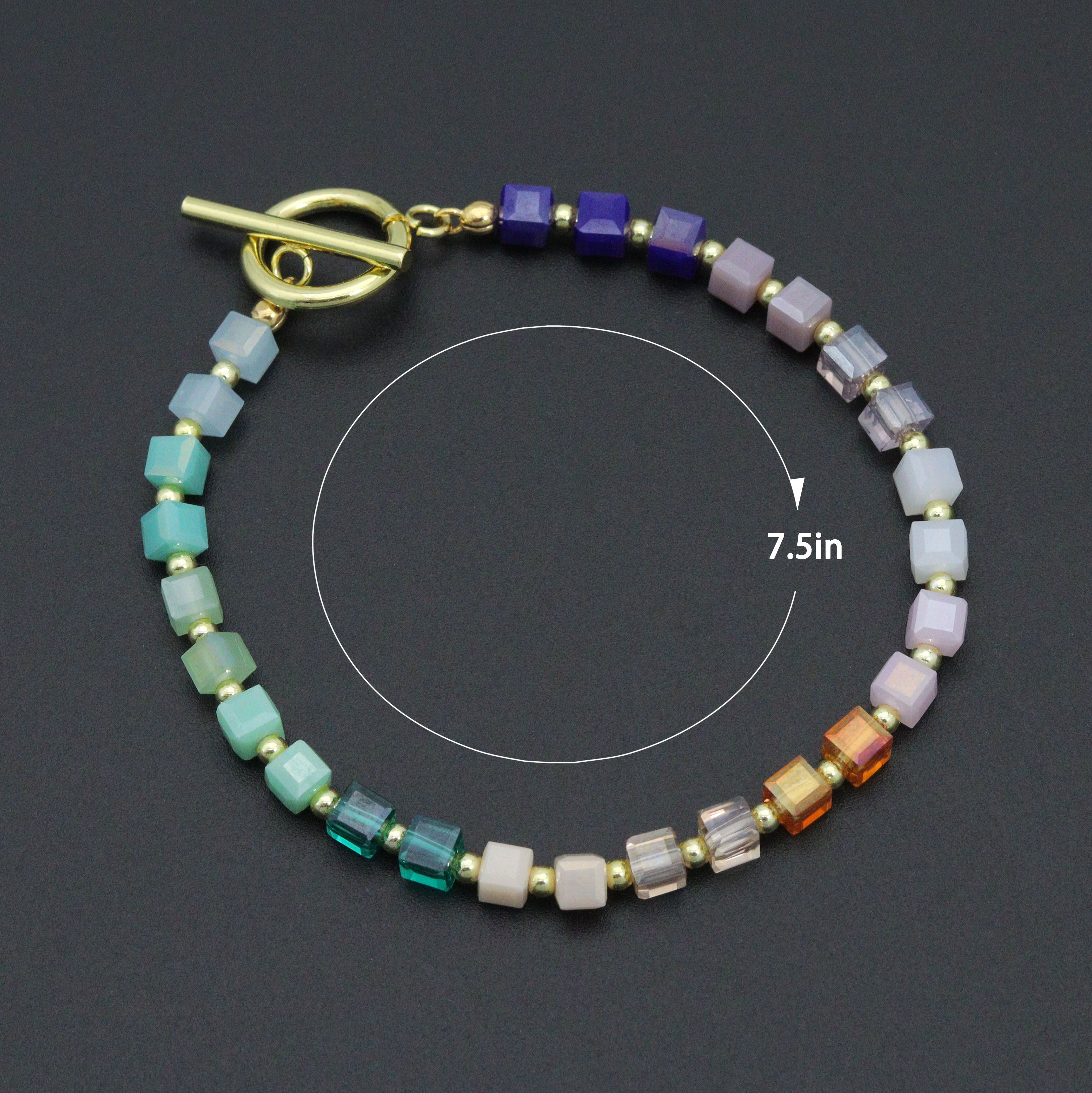 Rainbow color cube stone stretchy bracelet with toggle clasp by Bestbeads & Beyond, featuring vibrant cube-shaped beads.