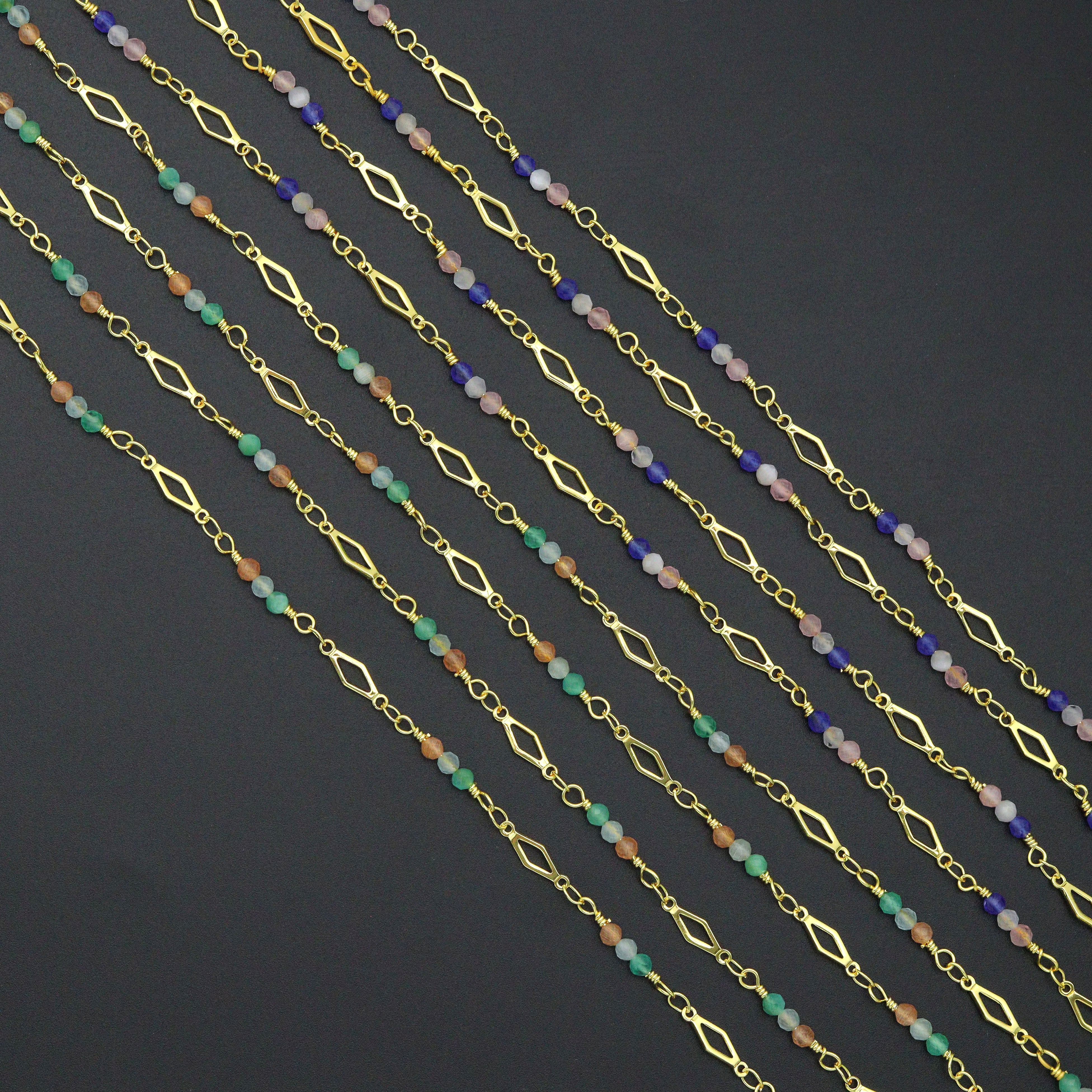 Wholesale 3mm gemstone rosary chain by Yard in pink, white, and blue colors from Bestbeads&Beyond, 3-foot length.