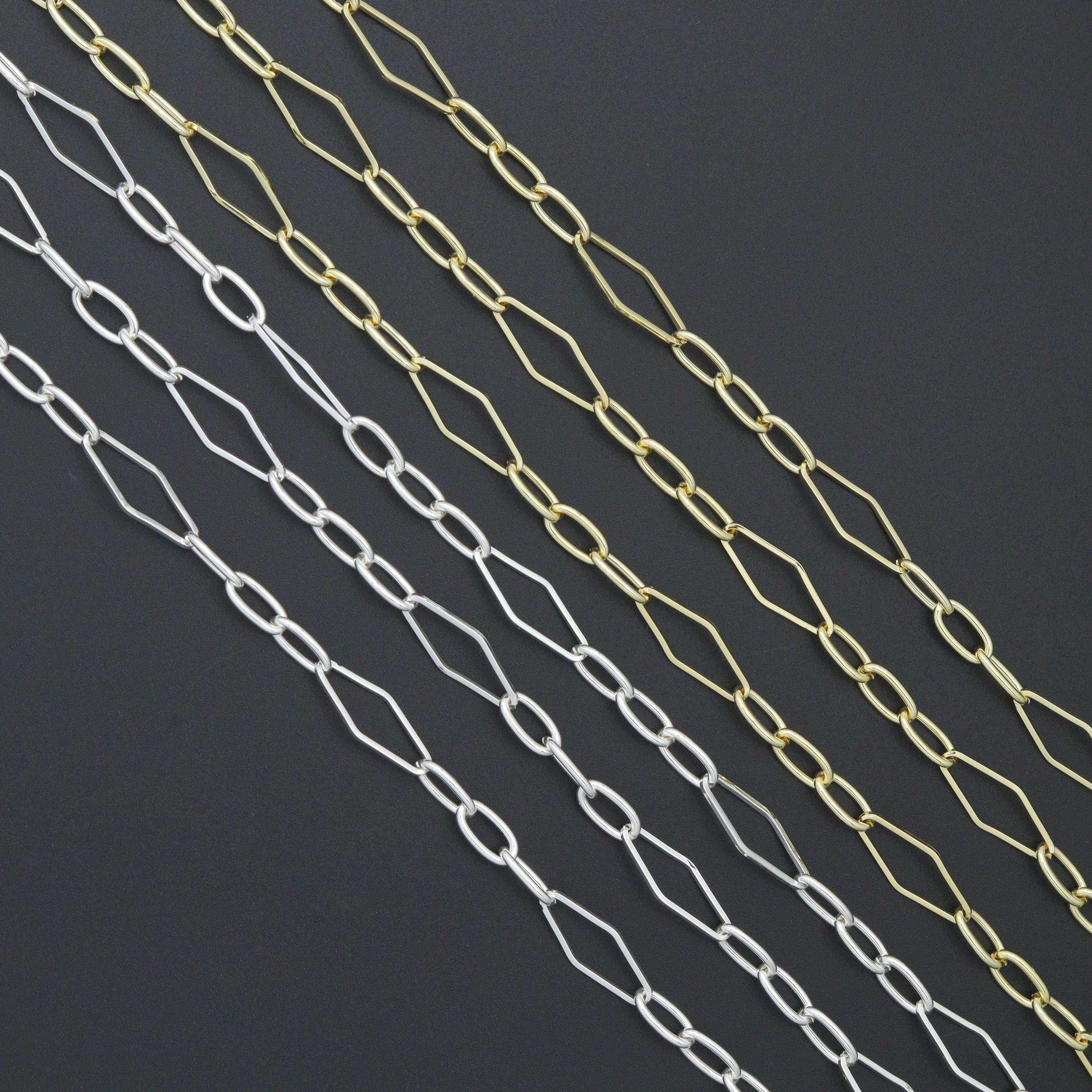 Wholesale gold and silver mixed shape stainless steel chain by the yard, featuring various geometric links, from Bestbeads&Beyond.