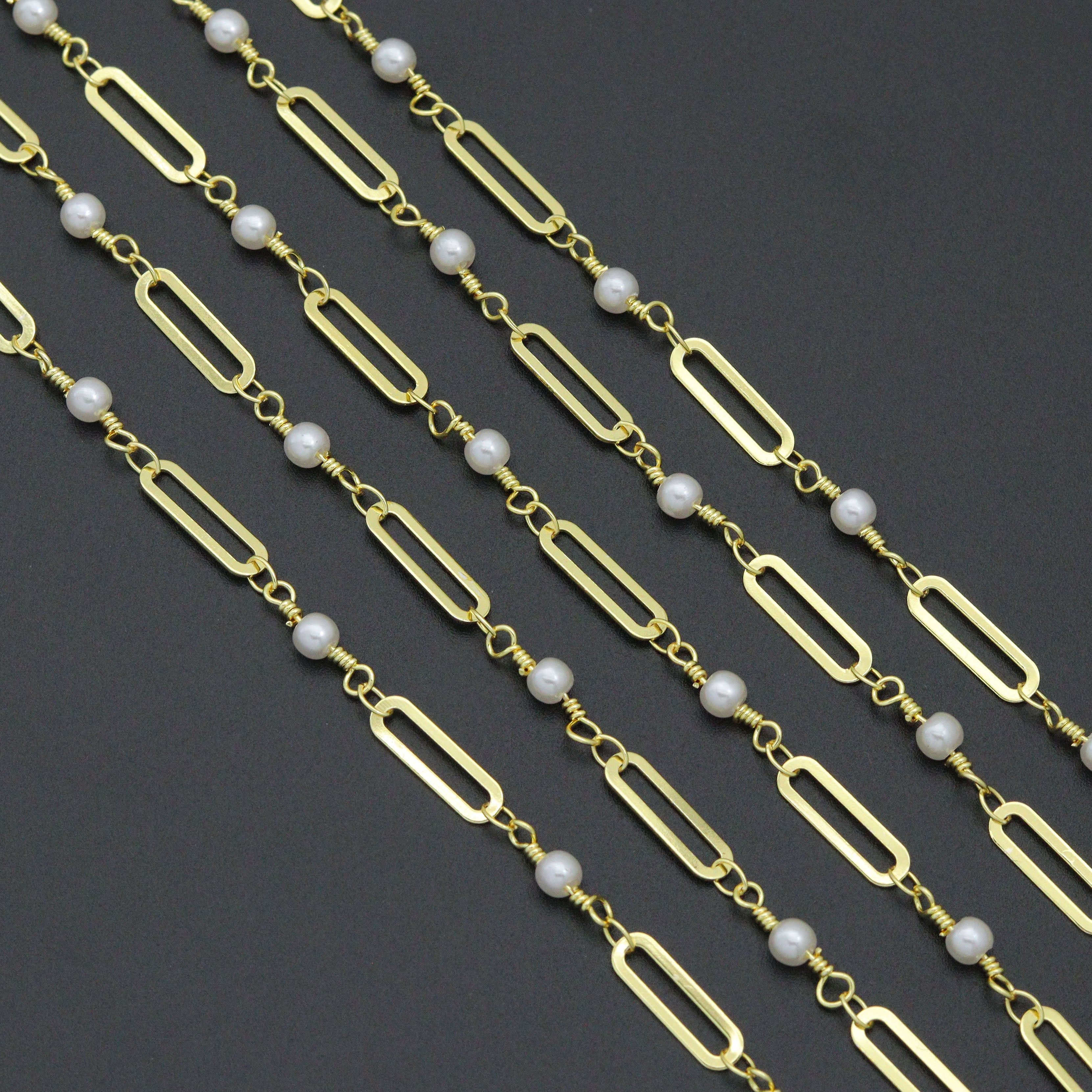 Wholesale pearl paperclip chain by Bestbeads&Beyond, 1 ft, showcasing shiny pearl and silver-tone paperclip links.