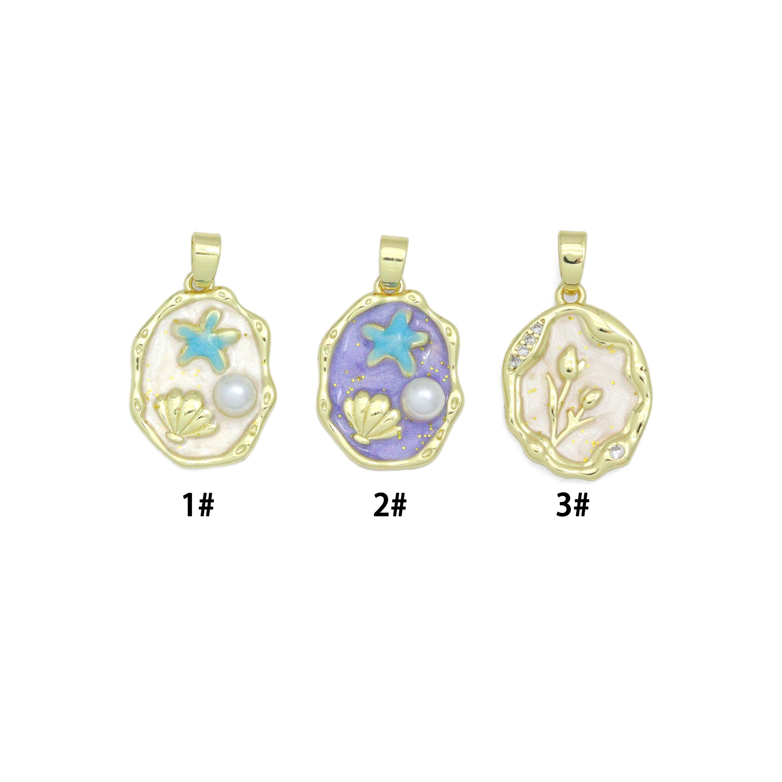 White and purple enamel gold starfish shell pearl oval charm by Bestbeads&Beyond, featuring a detailed starfish design.