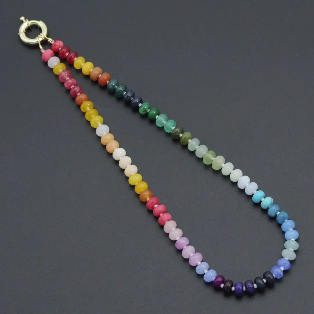 Natural Roundelle gemstone rainbow necklace by Bestbeads&Beyond featuring multicolored gemstone beads on a delicate chain.