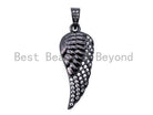 Silver, gold, rose gold, or gunmetal CZ Micro Pave Angel Wing Pendant charm, 14x34mm, featuring sparkling cubic zirconia stones.