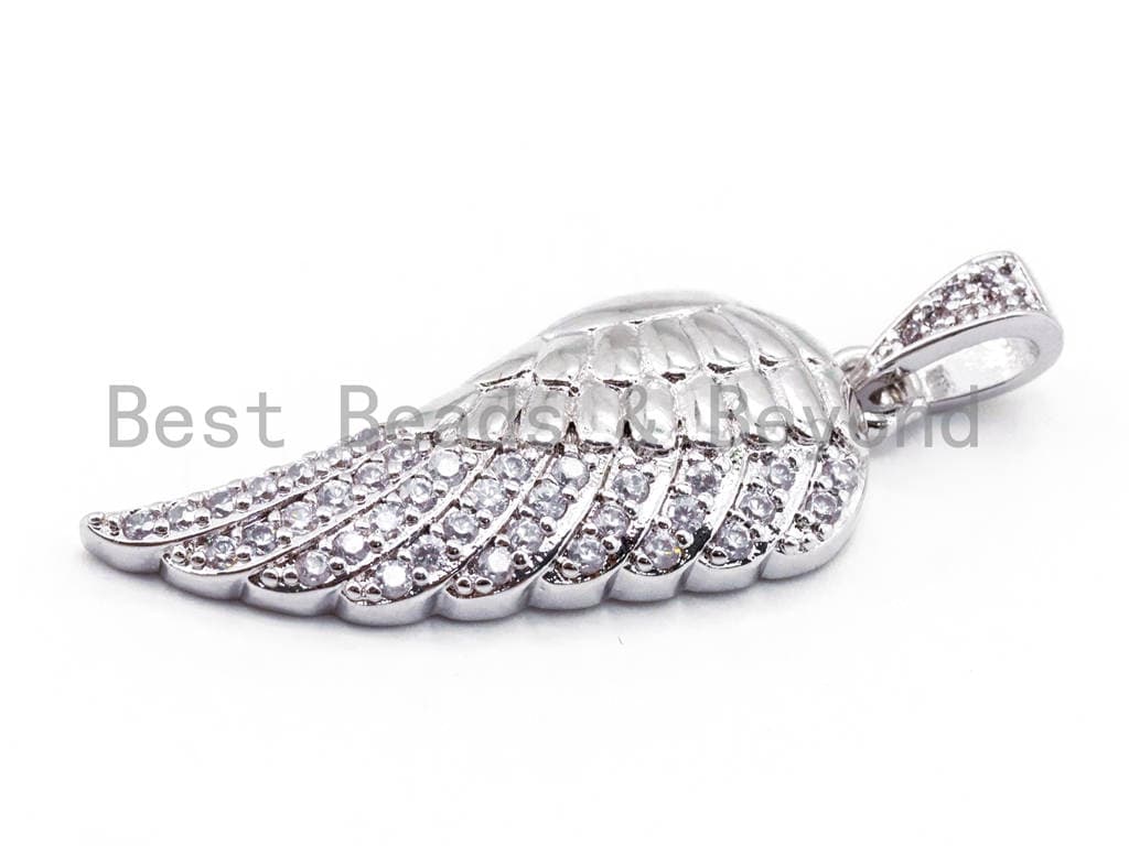 CZ Micro Pave Angel Wing Pendant in silver, gold, rose gold, or gunmetal, 14x34mm, featuring sparkling cubic zirconia details.