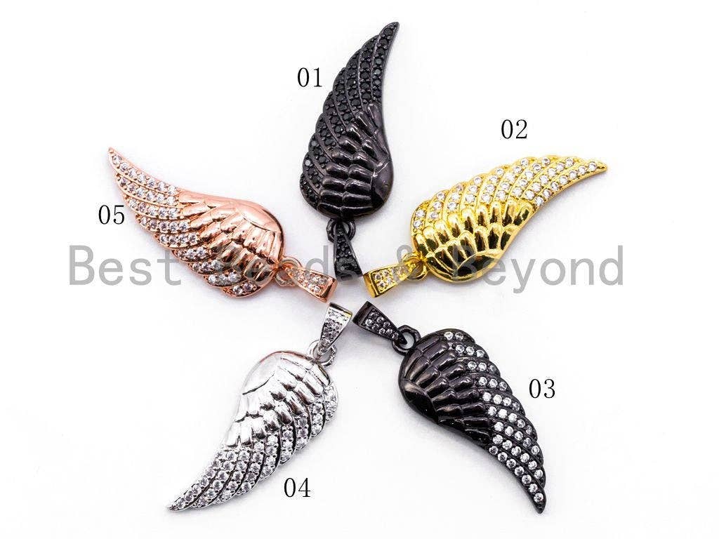 CZ Micro Pave Angel Wing Pendant charm in silver, gold, rose gold, or gunmetal color, 14x34mm, featuring sparkling cubic zirconia.