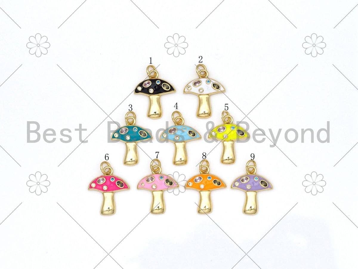 Colorful CZ micropave mushroom-shaped pendant with 18k gold-filled enamel, ideal for necklace or bracelet charms, 16x19mm.