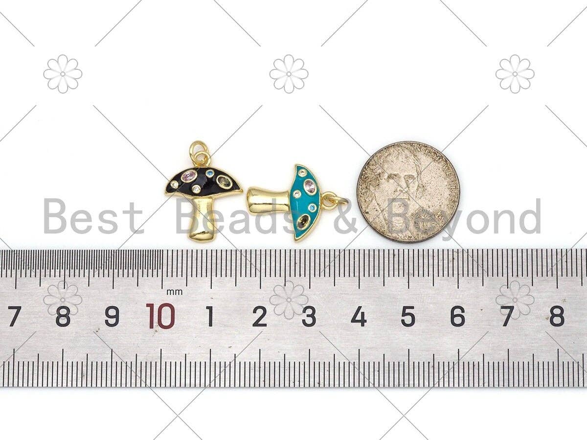 Colorful CZ micropave mushroom-shaped pendant with 18k gold-filled enamel, ideal for necklace or bracelet charms, 16x19mm.