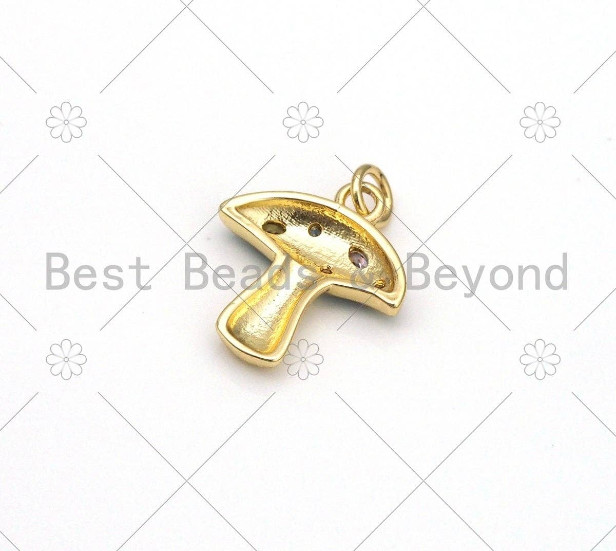 Colorful CZ micropave mushroom-shaped pendant in 18k gold-filled enamel, ideal for necklace or bracelet charms, 16x19mm.