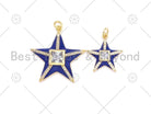 Colorful enamel five-point star pendant with 18K gold-filled and CZ micro pave accents, measuring 26x28mm and 17x20mm.