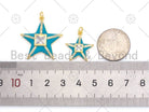 Colorful enamel five-point star pendant with 18K gold-filled and CZ micro pave details, 26x28mm size, ideal for jewelry making.