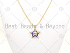Colorful enamel five-point star pendant with 18K gold-filled and CZ micro pave accents, measures 26x28mm or 17x20mm.