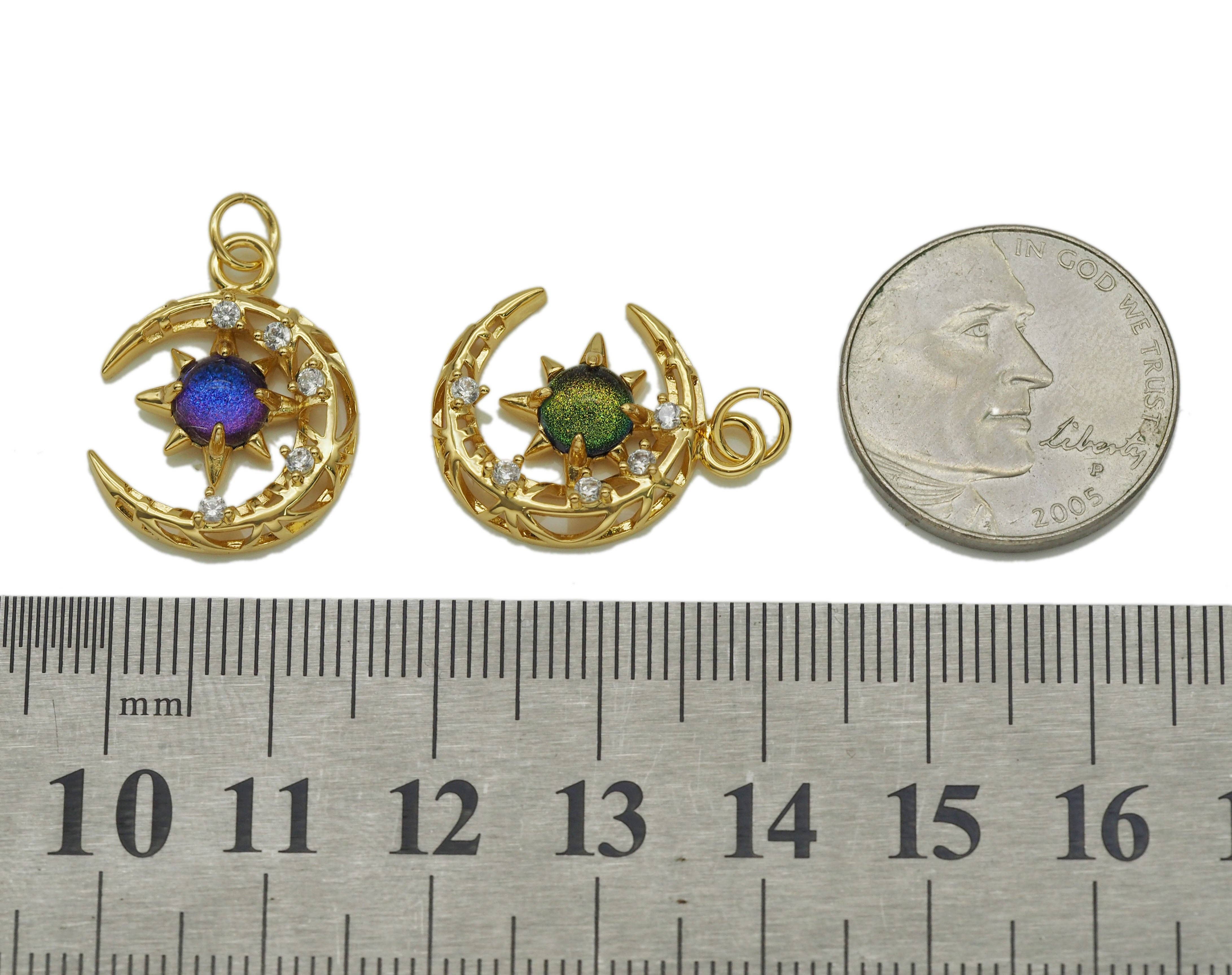 Gold CZ colorful star on crescent moon charm from Bestbeads&Beyond, featuring vibrant stones and detailed moon design.