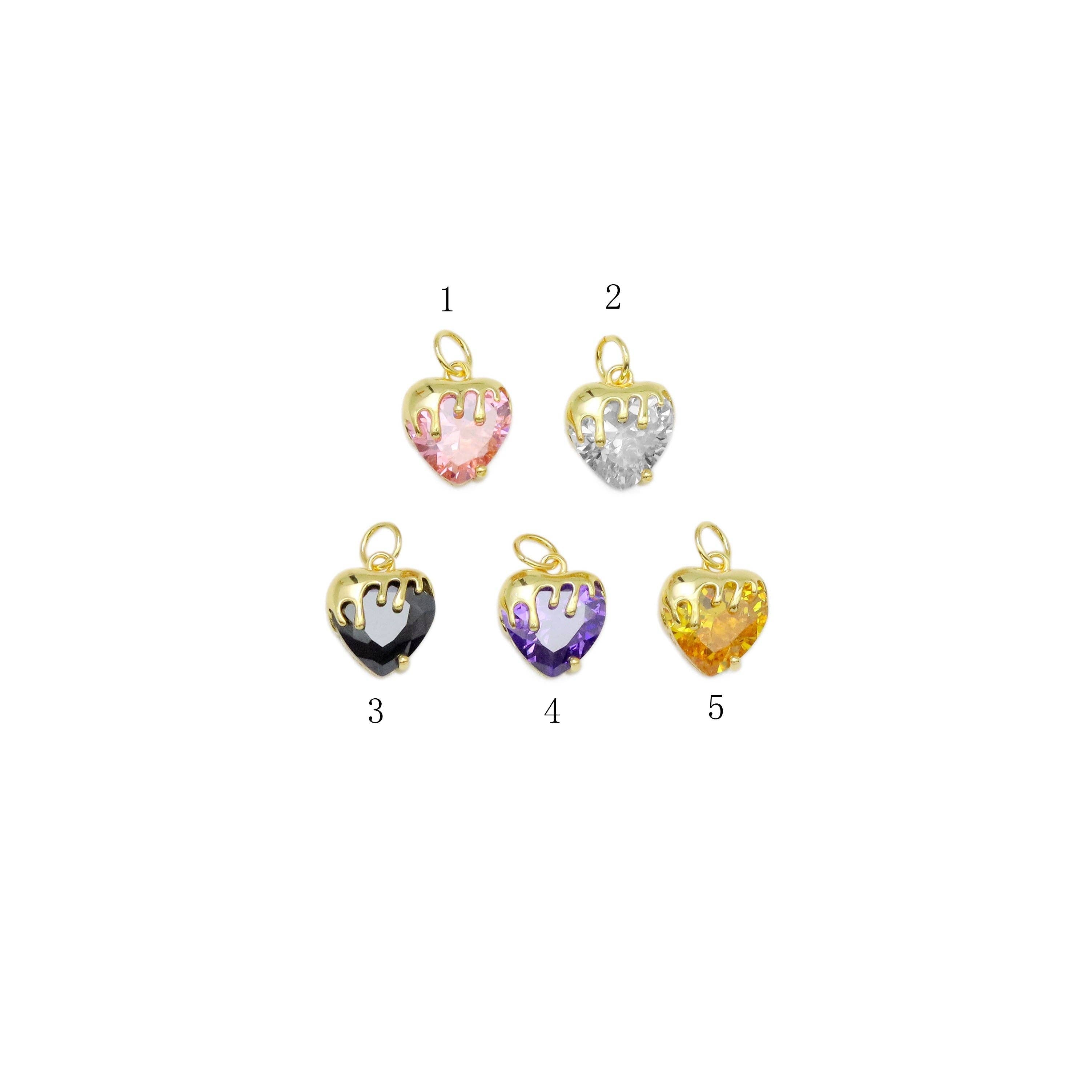 Gold colorful CZ dipped heart charm, individual pendant with pink CZ accents, decorative jewelry accessory from Bestbeads&Beyond.